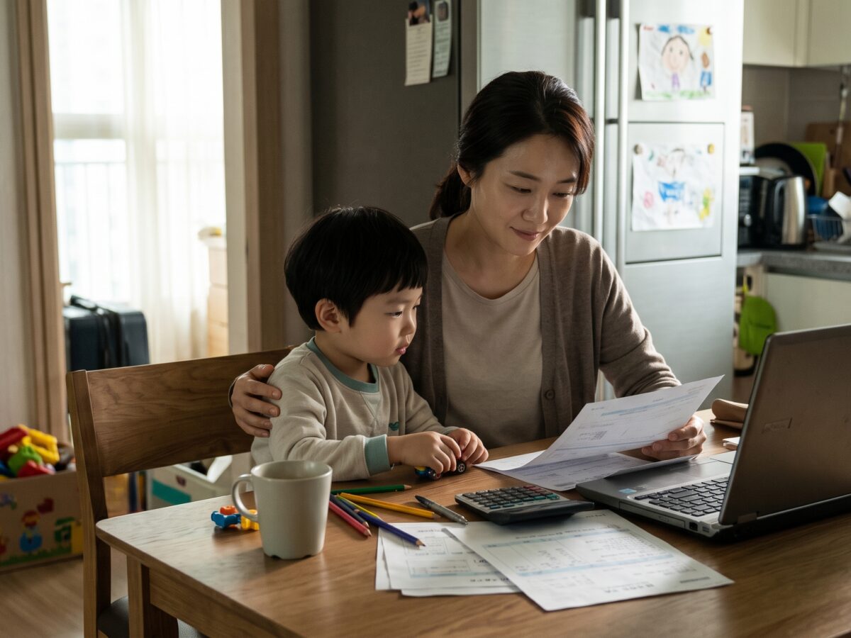한부모가 아이와 함께 서류를 보고 있는 모습