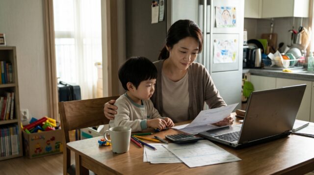 한부모가 아이와 함께 서류를 보고 있는 모습