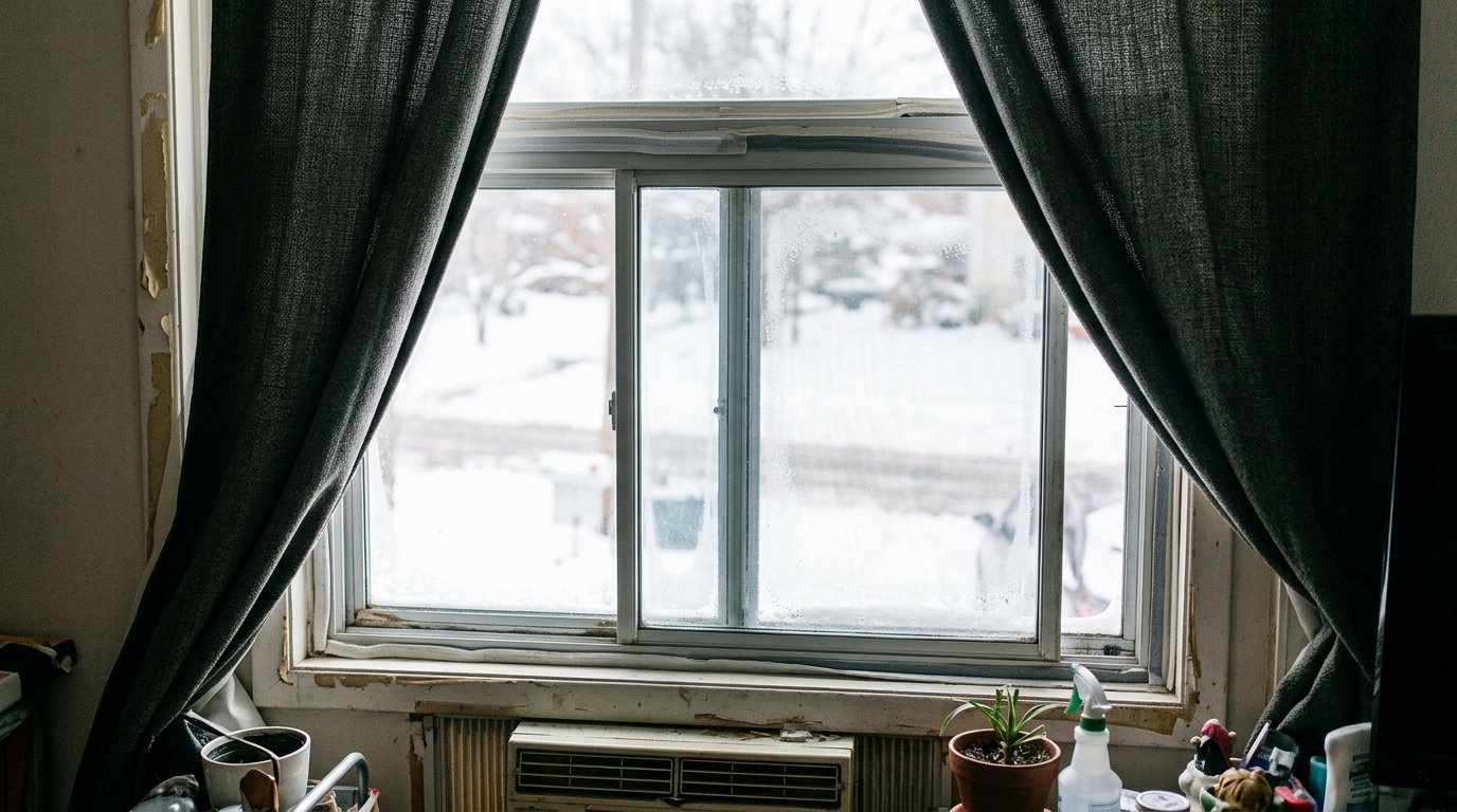 외풍 차단 테이프와 커튼으로 보온된 창문