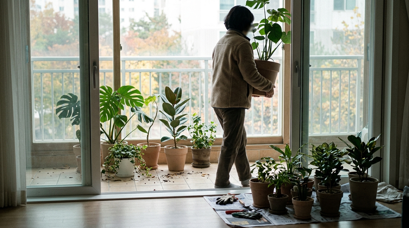 실내로 옮겨지는 베란다 화분