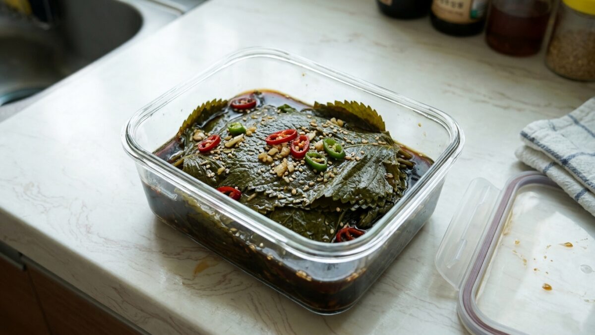 유리 용기에 담긴 깻잎장아찌