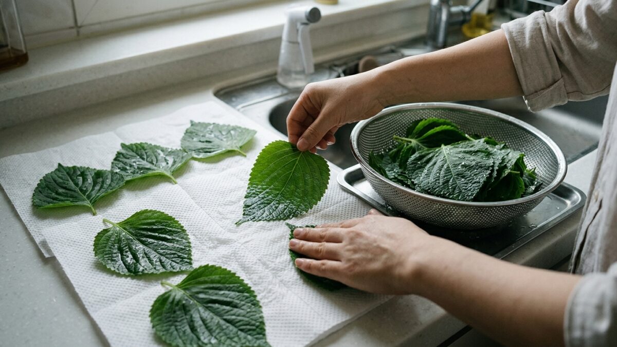 씻은 깻잎의 물기를 빼는 모습